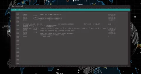After one-second delay, terminal sliding into view, scrolling SQL code, showing Stock Footage 317369207