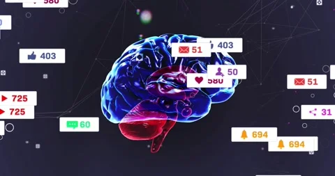 After one second digital brain rotating, showing engagement data as icons fading Stock Footage 320068486