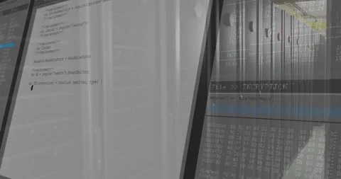 After one-second panel sliding over black racks, code scrolling, showing Stock Footage 317206769