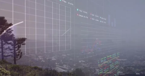After one second, translucent grid fading over tree and hazy city, financial Stock Footage 320287371