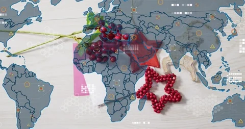 After one second, world map fading over decorations while icons pulsing Stock Footage 317791856