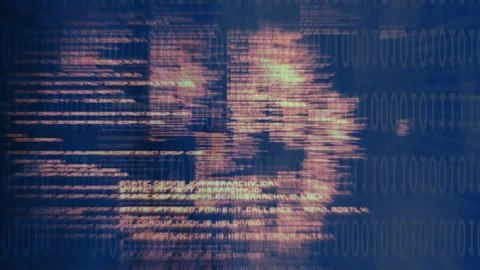 After opening binary background, amber code scrolling, glitching into faces, 스톡 동영상 315788335