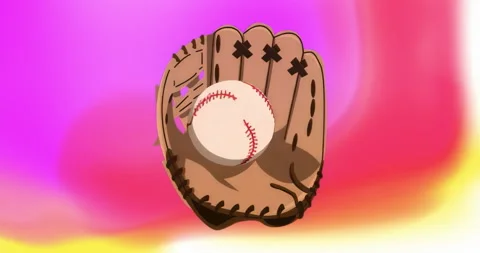 After opening frame glove holding spinning baseball revealing red stitching on Stock Footage 315529704