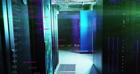 After opening frame, HTML code fading and scrolling over server corridor showing Stock Footage 312845301