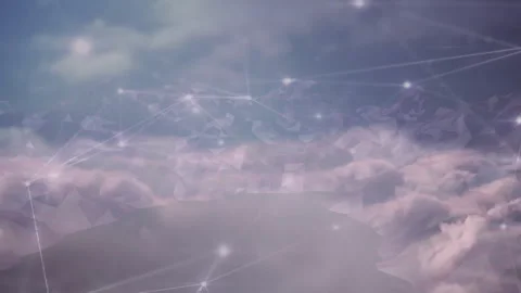 After opening on pastel cloudscape, glowing nodes materializing shifting mesh Stock Footage 312415945