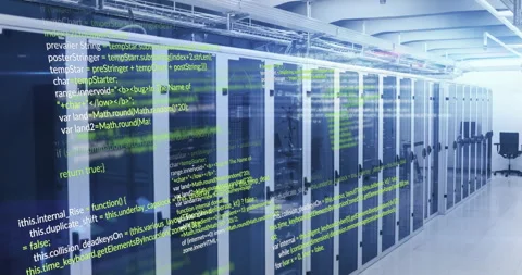 After opening shot, green code drifting across server cabinets simulating data 库存影片 310282872
