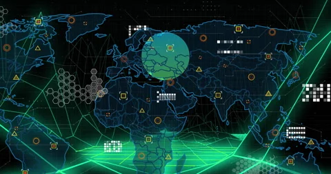 After orb fading in, world map emerging, animating data markers over neon grid Stock Footage 310283558