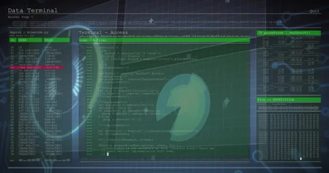 After panel fading in, console animating dashboard visualizing decryption Video stock 315551176