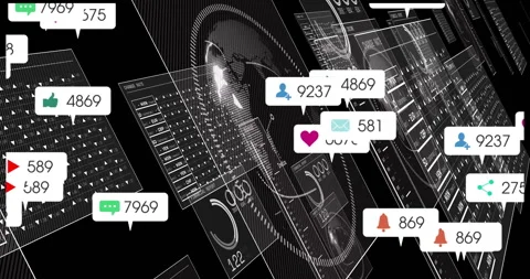 After panel loading floating icons multiplying on wireframe UI showing rising Stock Footage 315560321