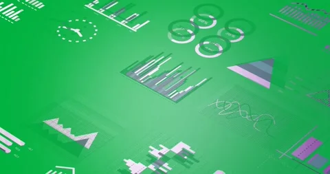 After pause, 3D bars rising and camera panning revealing data visualizations on Stock Footage 317284136