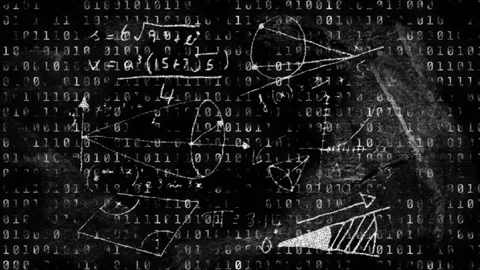 After pause binary code forming backdrop chalk math sketches fading flickering Video stock 313327846