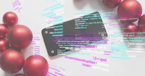 After pause code streams drifting around rotating smartphone and red baubles Stock Footage 328642764