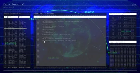After pause crystal globe rotating as UI panels fading in code scrolling Stock Footage 311884962