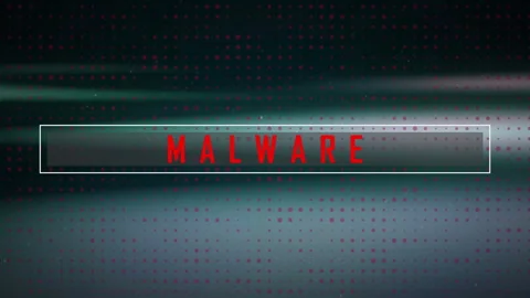 After pause interface showing red fragments sliding into MALWARE title framing Stock Footage 309893314