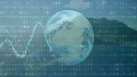 After pause line chart tracing water beneath binary code and globe visualizing Video stock 311664482