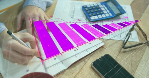 After pause man's hands holding notebook while writing notes as pink 3D bars Stock Footage 318545283