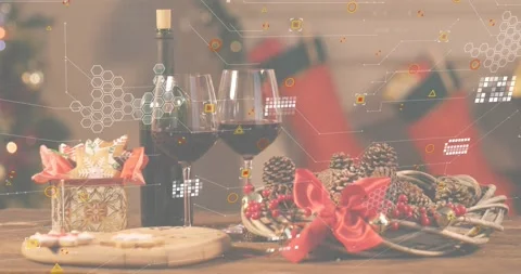 After pause overlays forming drifting hex grid above holiday table highlighting Stock Footage 318776305