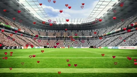 After pause red 3D hearts floating diagonally across stadium forming shower Stock Footage 311605107