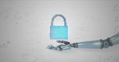 After pause robotic arm entering frame bringing cloud turning padlock into Stock Footage 313771430