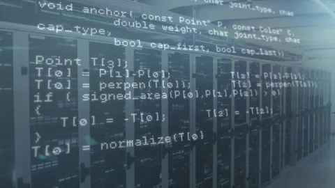 After pause, server cabinets static, C++ code fading, scrolling, evolving Stock Footage 317593137