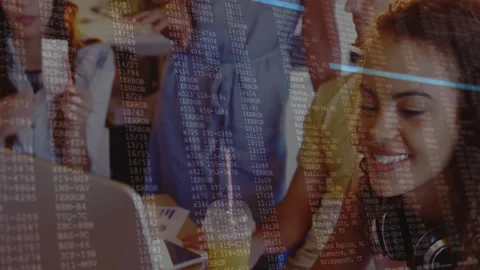 After pointing technology team examining scrolling code on screen integrating Stock Footage 313169777