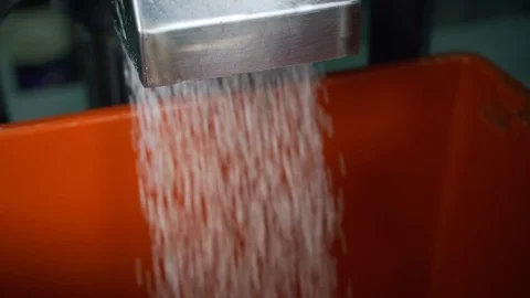 After processing many plastic balls are thrown from machine into the red tank 動画素材 115935256