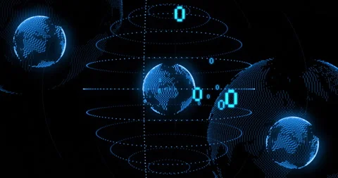 After pulsing rings, inner globe rotating, binary digits sliding, outer globe Stock Footage 312726067
