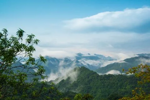 After the rain, the cloudscape on the top of the mountain is ever-changing. Stock Photos