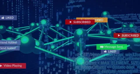 After rotating network with code UI fading subscribe clicking stacking overlays Stock Footage 311050248
