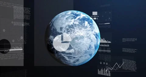 After rotation, 3D Earth globe pulsing cloud icon, sliding charts, emerging Stock Footage 330732891