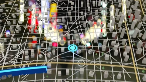After scan AR 3D map overlay appearing over blurred street, pin dropping, blue Stock Footage 339448642