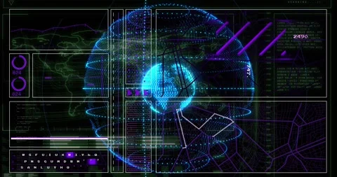 After scan pulse holographic globe expanding and rotating while HUD panels Stock Footage 320916148