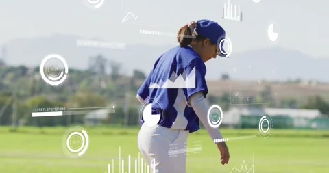 After scanning infield pitcher walking to mound winding up with data chart Vídeo Stock 317833736
