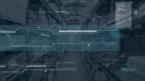 After scene loading, warehouse aisle HUD elements fading in and sliding to Stock Footage 309686756
