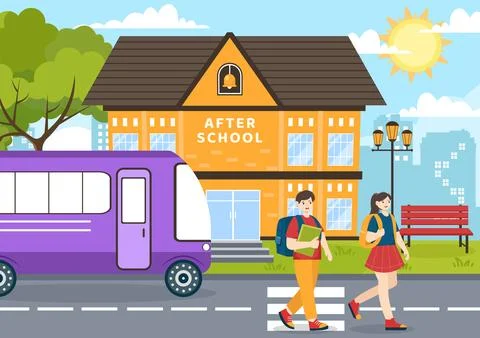After School Vector Illustration with Students Leave School Building After .. Ilustración de archivo