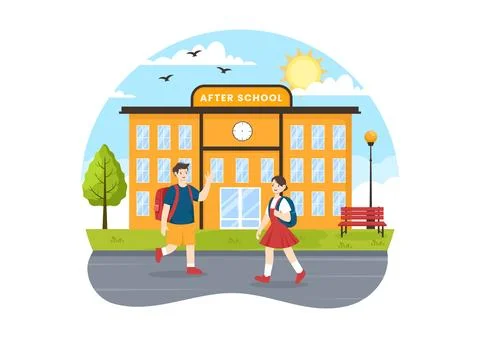 After School Vector Illustration with Students Leave School Building After .. Ilustración de archivo