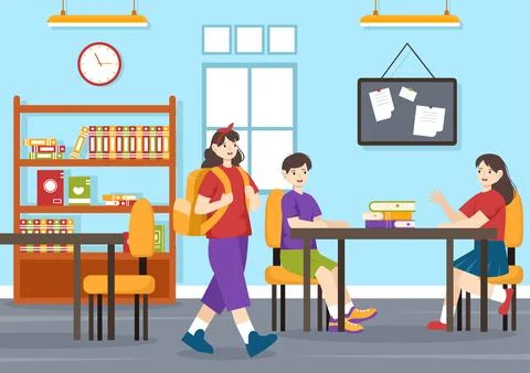 After School Vector Illustration with Students Leave School Building After .. Ilustración de archivo
