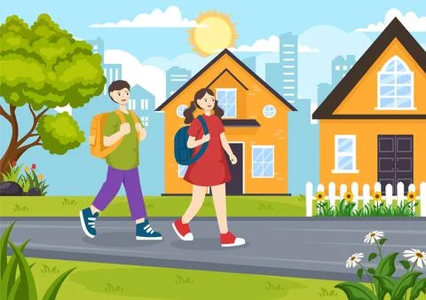 After School Vector Illustration with Students Leave School Building After .. Ilustración de archivo