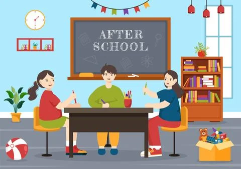 After School Vector Illustration with Students Leave School Building After .. Ilustración de archivo