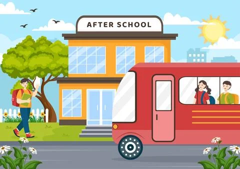 After School Vector Illustration with Students Leave School Building After .. Ilustración de archivo