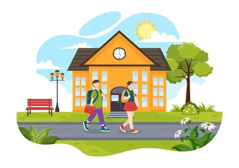 After School Vector Illustration with Students Leave School Building After .. Ilustración de archivo