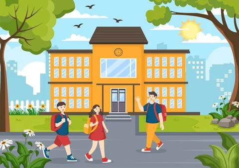 After School Vector Illustration with Students Leave School Building After .. Ilustración de archivo