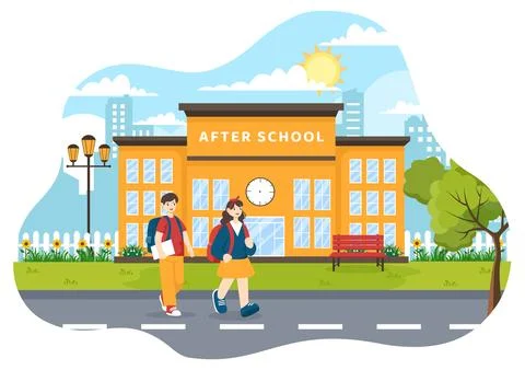 After School Vector Illustration with Students Leave School Building After .. Ilustración de archivo