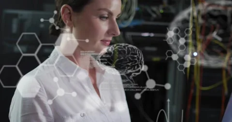 After server alert, engineer typing on laptop, monitoring racks and viewing Stock Footage 333830031