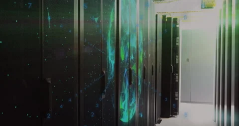 After server boot data visualization emerging and pulsing on cabinet doors Stock Footage 310385629