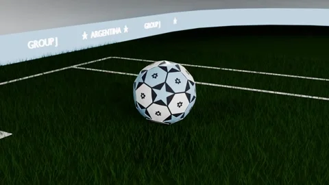After shot rolling white-blue star soccer ball bouncing on penalty area turf, Stock Footage 333286175