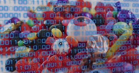 After showing candy and fruit blue binary overlay appearing scrolling flickering Stock Footage 317791781