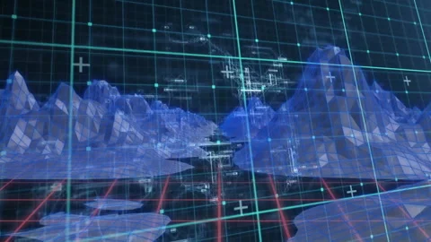 After simulation start, 3D mountains gliding over grid floor with nodes Stock Footage 311217291