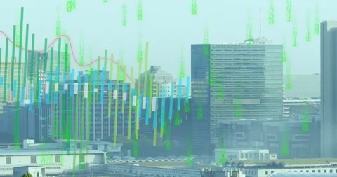 After skyline holding still code cascading bars rising while red line weaving Stock Footage 312829043