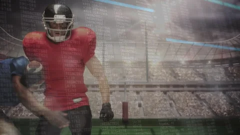 After snap red-uniformed runner running for sports, scrolling code, blue Stock Footage 311046885